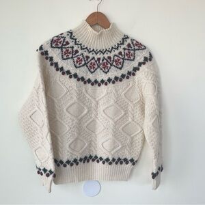 J G Hook Vintage 100% Wool Hand Knit Ivory Fair Isle Cable Knit Sweater M Medium